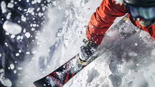 snowboarder doing tricks on the mountain, close up of snowboarder on the snow