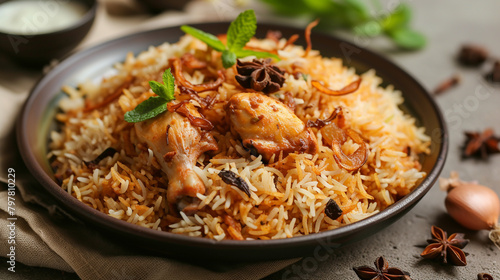 A plate of aromatic biryani, with long-grain basmati rice cooked to perfection, fragrant spices, and tender pieces of chicken, garnished with fried onions and fresh mint leaves.