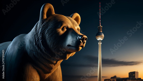 Close-up portrait of a lone bear in a regal pose in front of the Fernseturm (TV tower) in Berlin. The bear, with its sharp and penetrating gaze, symbolizes guardianship over the city's modern achievem photo