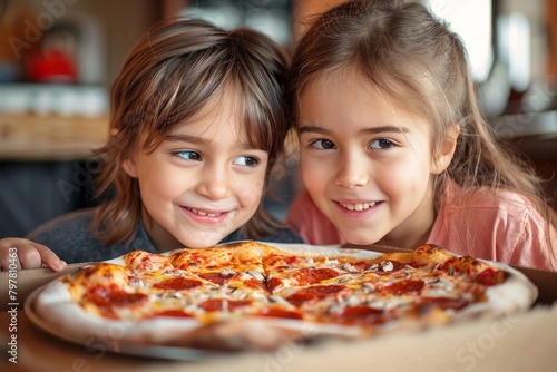 Two adorable young girls smiling broadly as they enjoy a delicious pizza together