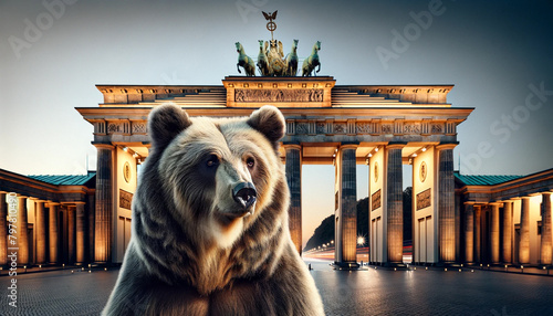 A close-up of a large, majestic bear with a stern expression standing guard at the famous Brandenburg Gate in Berlin. The bear symbolizes strength and vigilance, representing the guardian spirit of th photo