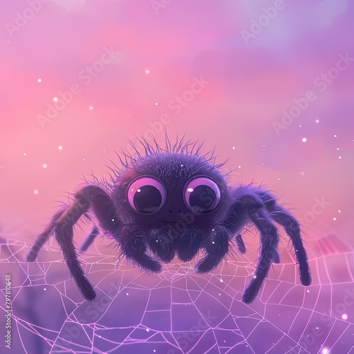 A happy spider character making cute webs, with a pastel pink and lavender twilight sky in the background, no grunge, no dust, 4k © enterdigital