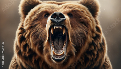 Roaring brown bear close-up. Powerful jaw and large sharp teeth of the bear. A bear's eyes reflect a sense of urgency or anxiety.