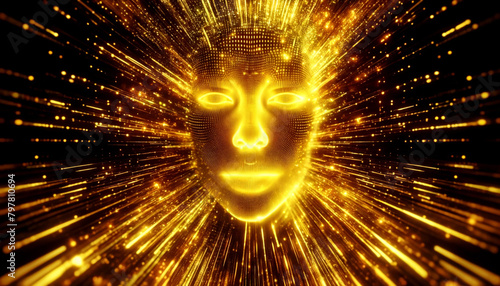 A close-up of a human face in the form of a hologram made of dazzling yellow digital pixels. The background is a mesmerizing array of flowing yellow and gold data streams, creating the impression of a