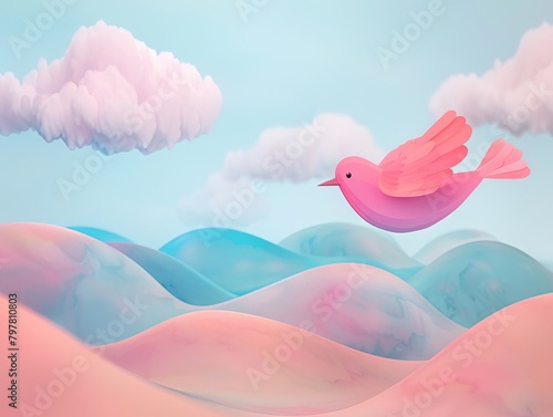 A whimsical bird made of pastel clouds, floating over a magical landscape of softly colored hills, no grunge, no dust, 4k
