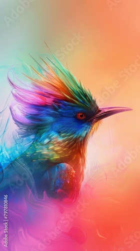An imaginative portrait of a bird with feathers that change colors  set against a dynamic pastel gradient background  no grunge  no dust  4k