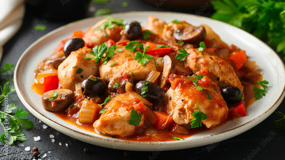 A plate of cacciatore with chicken, mushrooms, onions, and peppers, simmered in wine and tomato sauce, garnished with parsley and black olives. A plate of cacciatore with chicken, mushrooms, onions, and peppers, simmered in wine and tomato sauce, garnished with parsley and black olives.