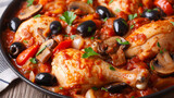 A plate of cacciatore with chicken, mushrooms, onions, and peppers, simmered in wine and tomato sauce, garnished with parsley and black olives.