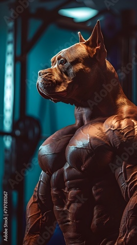 Ripped Muscular Dog Performing Intense Bicep Curls in Sleek Gym Setting photo