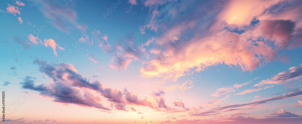 Panoramic sky view at sunset with vibrant orange hues