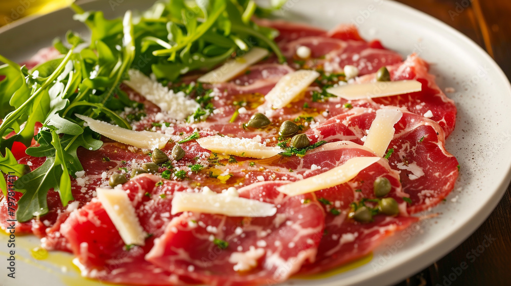 A plate of carpaccio with thinly sliced raw beef, arugula, parmesan cheese, and capers, drizzled with olive oil and lemon juice. A plate of carpaccio with thinly sliced raw beef, arugula, parmesan cheese, and capers, drizzled with olive oil and lemon juice.
