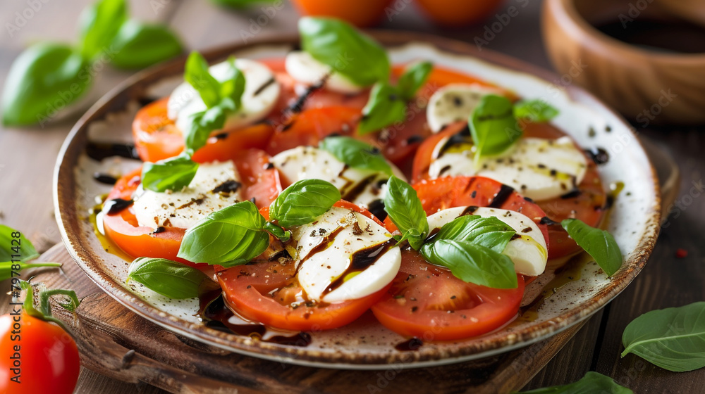 A plate of caprese salad with sliced tomatoes, mozzarella cheese, and basil leaves, drizzled with olive oil and balsamic vinegar. A plate of caprese salad with sliced tomatoes, mozzarella cheese, and basil leaves, drizzled with olive oil and balsamic vinegar.