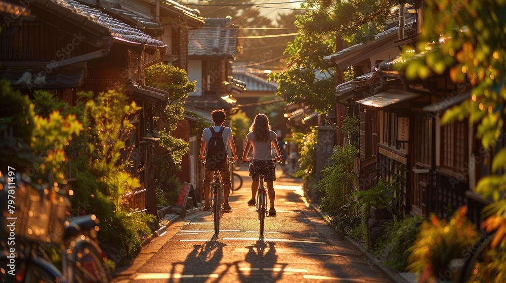 Obraz premium Young couples ride bicycles to tour the ancient town, with the sunshine shining brightly