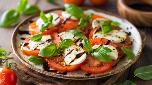 A plate of caprese salad with sliced tomatoes, mozzarella cheese, and basil leaves, drizzled with olive oil and balsamic vinegar.