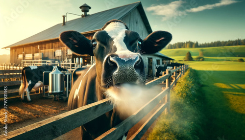 Close-up of a black and white Holstein cow with thick, shiny hair blowing air from its nostrils in front of a dairy farm. The farm has a rustic appearance, with wooden fences and green pastures in the photo