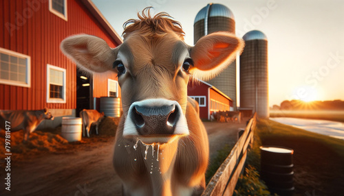 Close-up portrait of a young light brown Guernsey cow blowing air, clearly showing breath condensation. The setting is a traditional dairy farm with red barns and silos in the background. photo