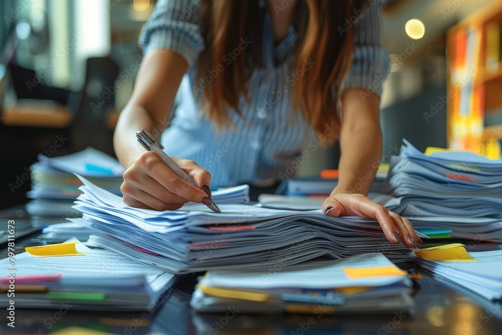 Close up of a diligent employee organizing a mountain of files and paperwork at her workstation Close up of a diligent employee organizing a mountain of files and paperwork at her workstation