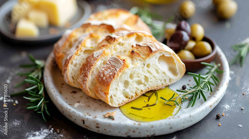A plate of ciabatta bread with olive oil and rosemary, sliced and toasted, served with a dish of olives and cheese.