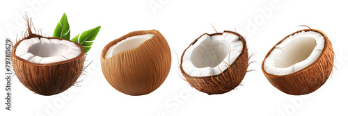 PNG coconut 3d icons and objects collection, in cartoon style minimal on transparent, white background, isolate photo