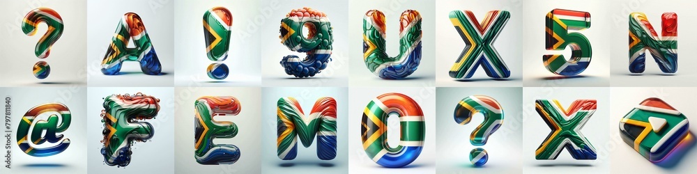 South Africa flag colors glass lettering. AI generated illustration South Africa flag colors glass lettering. AI generated illustration