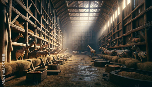 Close-up image of the interior of Noah's Ark. A wooden multi-level structure is depicted, filled with hay, feeders and a variety of animals, such as giraffes and zebras, in their enclosures. photo