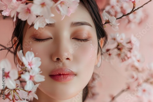 Tranquil Beauty  Asian Woman Surrounded by Pink Cherry Blossoms