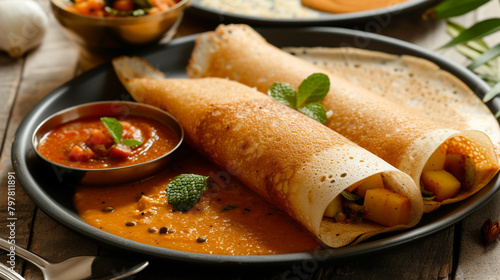 A plate of dosa with thin rice and lentil crepes, stuffed with spiced potatoes and onions, and served with coconut chutney and sambar.
