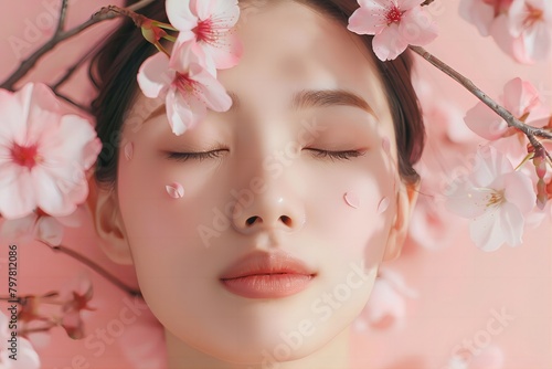 Tranquil Beauty: Asian Woman Surrounded by Pink Cherry Blossoms photo