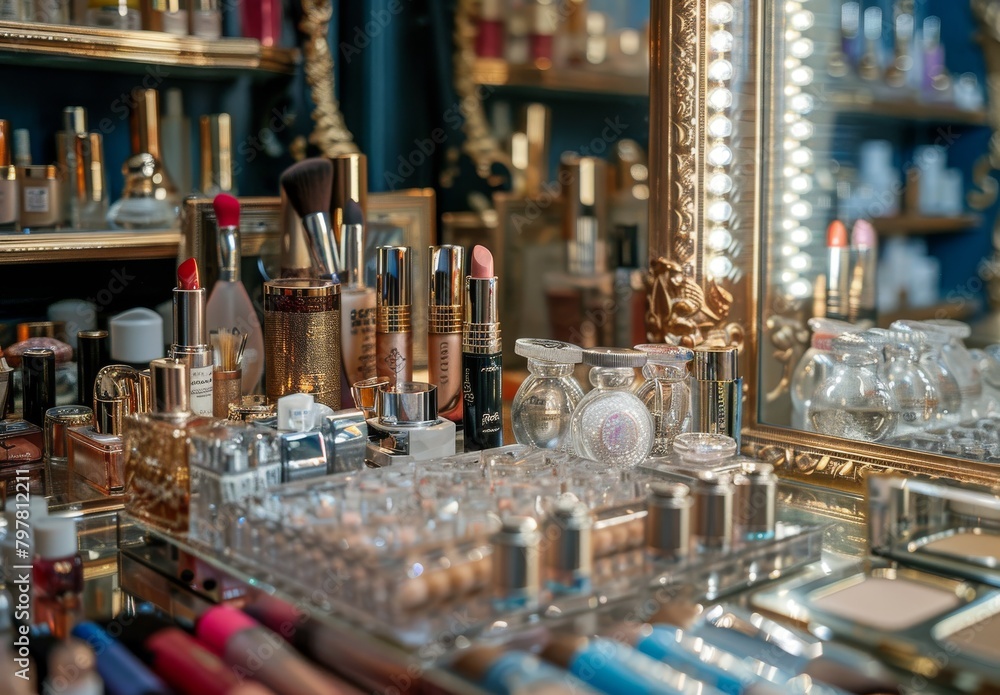 Decorative cosmetics adorn the dressing table in the makeup room