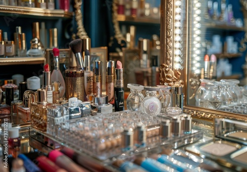Decorative cosmetics adorn the dressing table in the makeup room