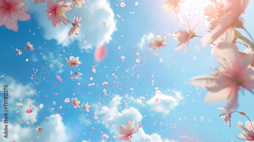 blue sky and falling cherry blossom petals