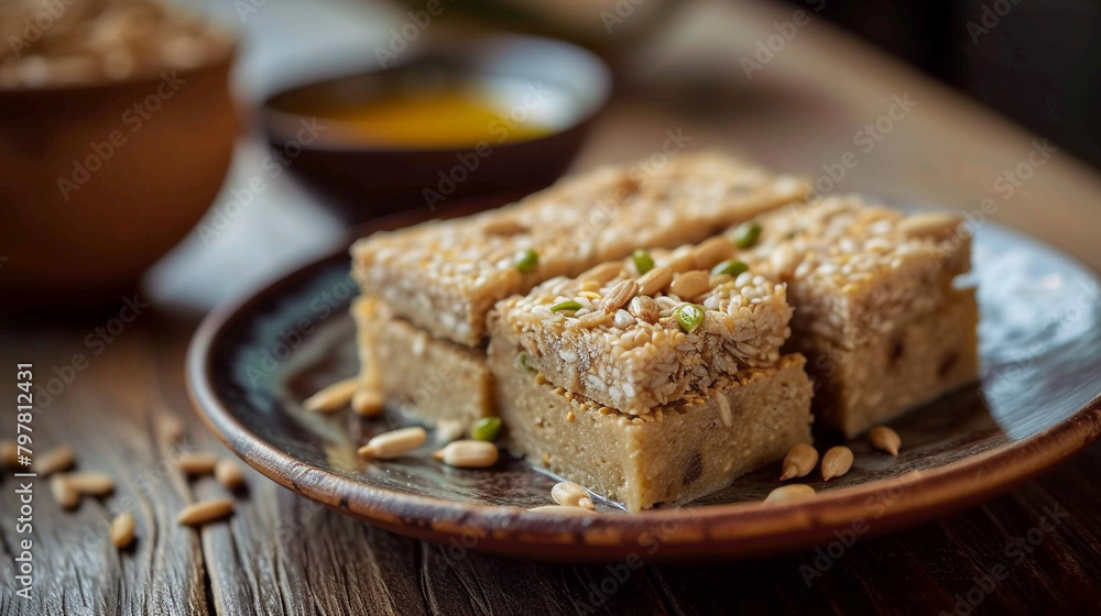 A plate of halva with sweet confection, made with sunflower seeds, sugar, and honey, and formed into a rectangular block, sliced and ready to eat.
