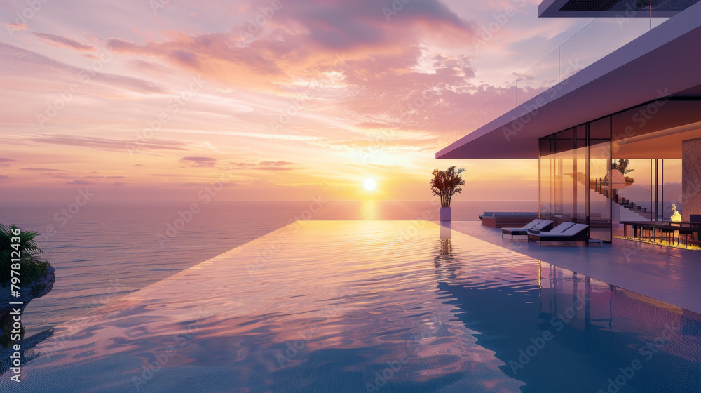 The sun dips below the horizon at an oceanfront villa, with its infinity pool mirroring the captivating colors of the sunset sky.
The sun dips below the horizon at an oceanfront villa, with its infinity pool mirroring the captivating colors of the sunset sky.