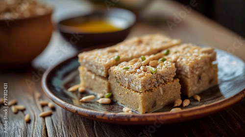 A plate of halva with sweet confection  made with sunflower seeds  sugar  and honey  and formed into a rectangular block  sliced and ready to eat.