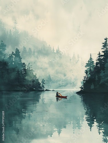 Traditional Canadian fishing scene captured in a minimalist style.