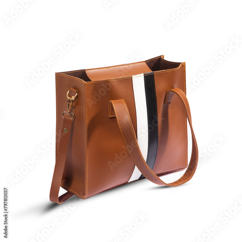 Beautiful brown leather female fashion bag isolated on white background