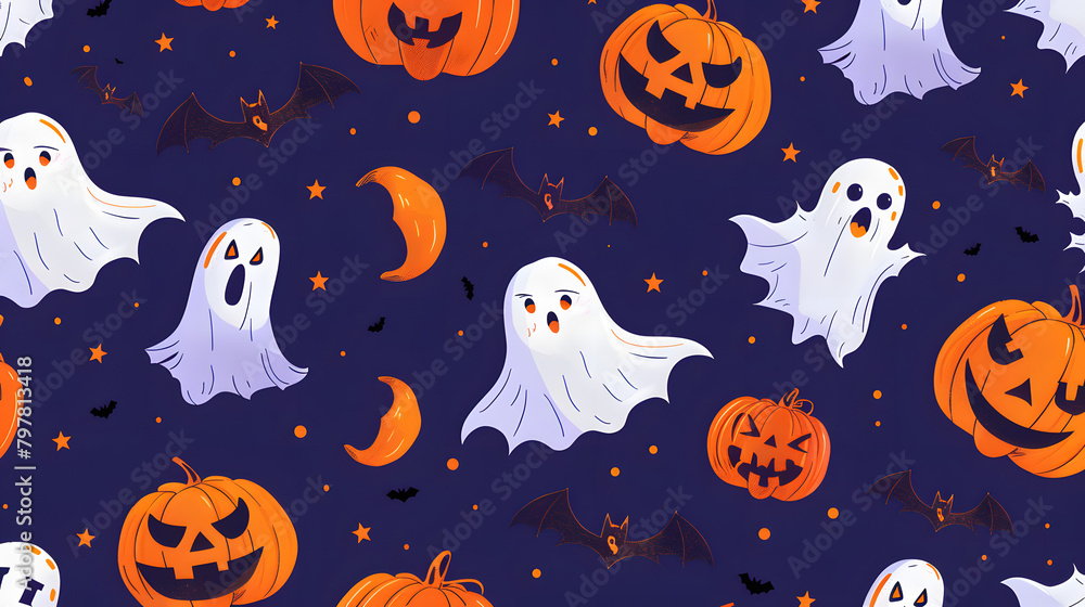 Halloween background with repeating patterns of pumpkins. ghosts and bats Halloween background with repeating patterns of pumpkins. ghosts and bats