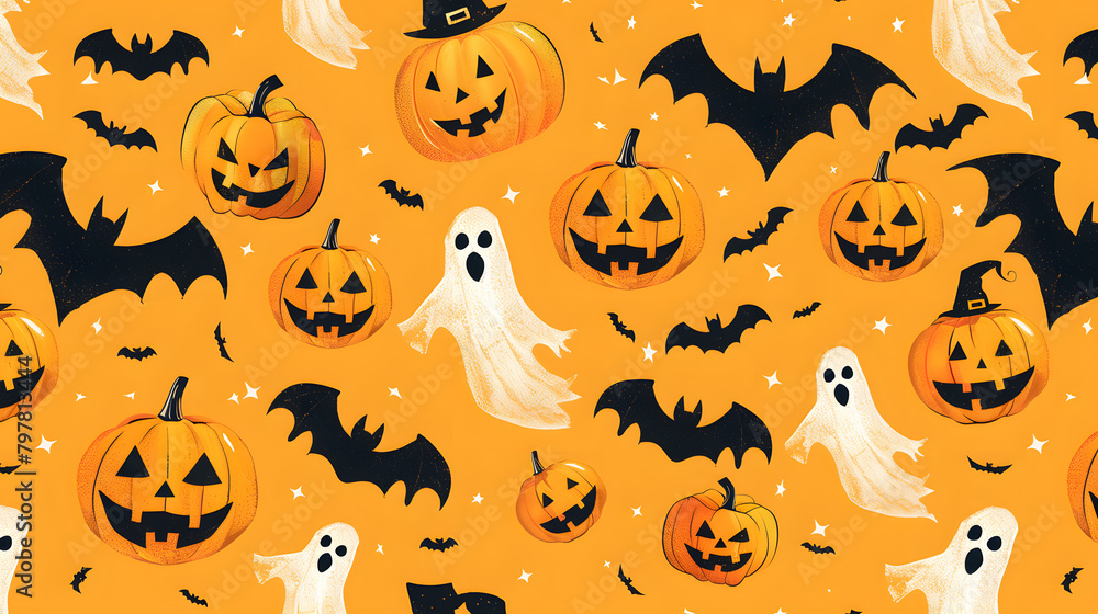 Halloween background with repeating patterns of pumpkins. ghosts and bats 