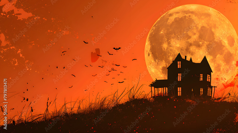 Halloween background with silhouette of haunted house. full moon and vampire in orange color Halloween background with silhouette of haunted house. full moon and vampire in orange color