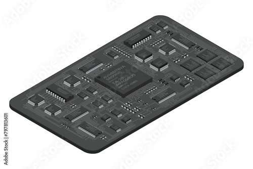 Isometric electronic board. Isometric printed circuit board with electronic components. Electronic components and integrated circuit board