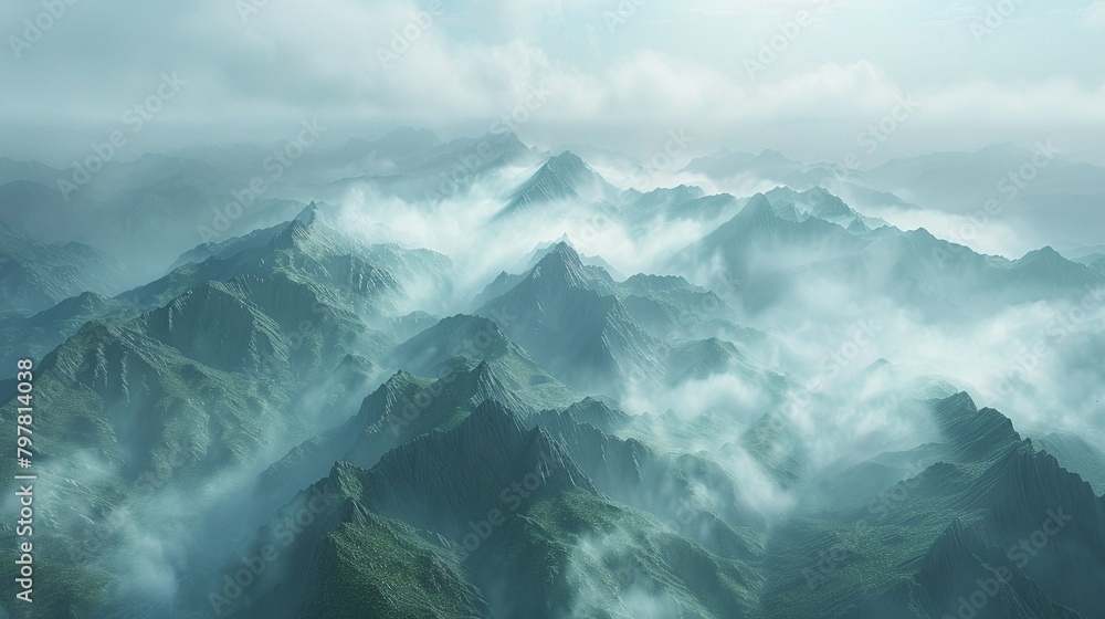 Fototapeta premium Misty mountain ranges, aerial view, ethereal textures , DALL-E 2