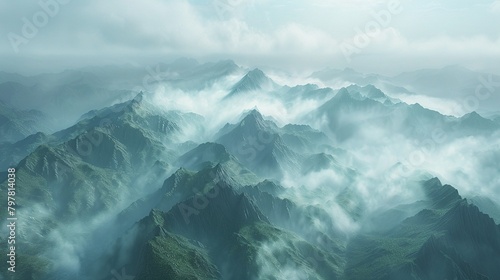 Misty mountain ranges, aerial view, ethereal textures , DALL-E 2 photo