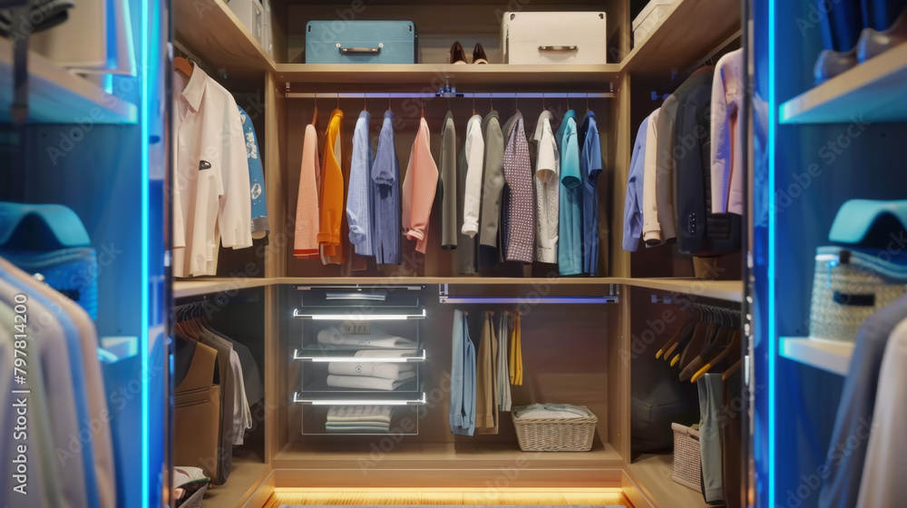 An elegantly designed modern closet featuring blue accent lighting, showcasing an organized clothing collection and accessories. Modern Closet with Blue Accent Lighting
An elegantly designed modern closet featuring blue accent lighting, showcasing an organized clothing collection and accessories. Modern Closet with Blue Accent Lighting
