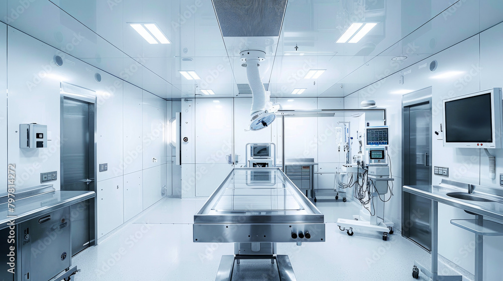 Empty operating room in a hospital Interior of an operating room Equipment and medical devices Empty operating room in a hospital Interior of an operating room Equipment and medical devices