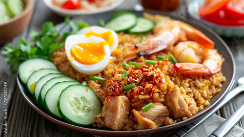 A plate of nasi goreng with fried rice, eggs, chicken, shrimp, and vegetables, seasoned with soy sauce and chili, and garnished with cucumber and tomato slices. photo