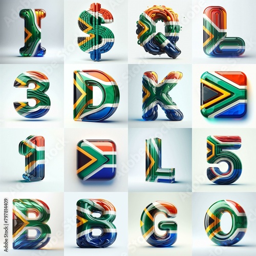 South Africa flag colors glass lettering. AI generated illustration