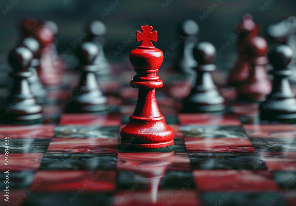 Red pawn challenges black, showcasing innovative thinking. Business tech disrupts for new norms Red pawn challenges black, showcasing innovative thinking. Business tech disrupts for new norms