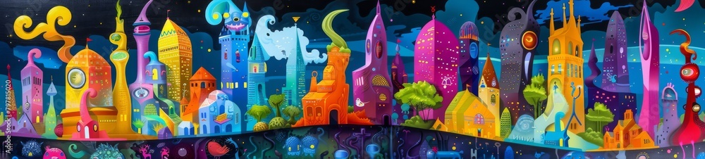 surreal cityscapes painted in a vivid spectrum of colors, imaginative creatures roam freely in a surreal dreamscape