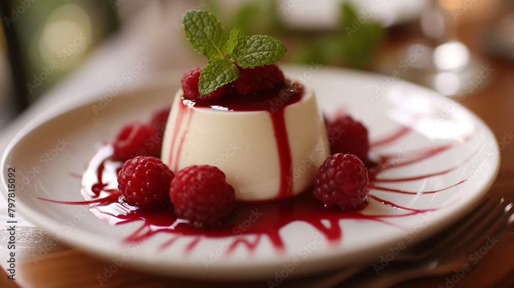 A plate of panna cotta with cream, sugar, and gelatin, chilled and unmolded, topped with raspberry sauce and mint leaves. A plate of panna cotta with cream, sugar, and gelatin, chilled and unmolded, topped with raspberry sauce and mint leaves.