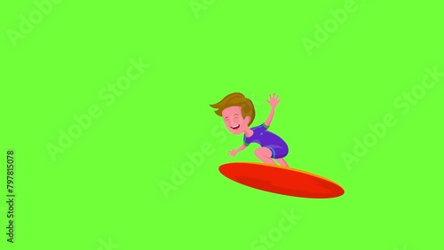 Animation, young surfer, design template. Chromakey